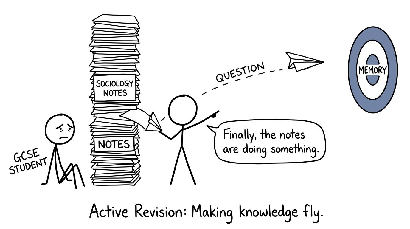 A student turns a tower of passive notes into a question aimed at memory