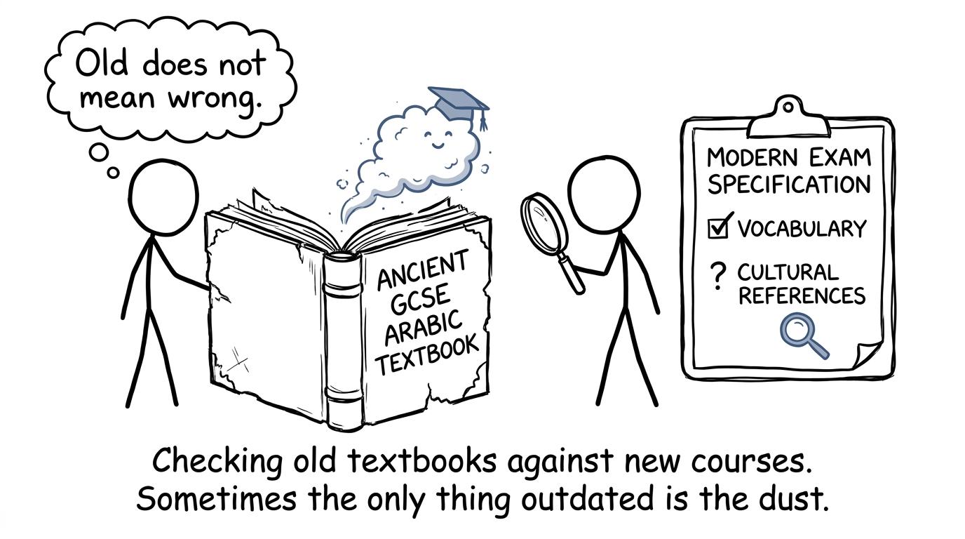 An old textbook and a modern specification checklist deciding whether age means outdated