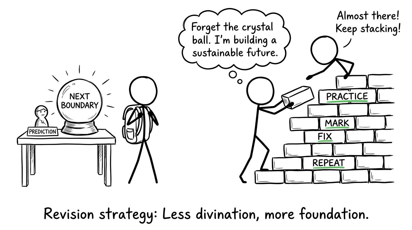 A student replaces a grade-boundary crystal ball with a staircase built from useful revision habits