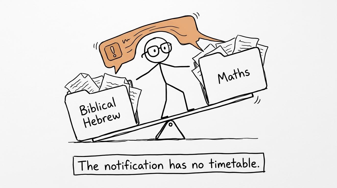 A phone notification tries unsuccessfully to control both Biblical Hebrew and maths revision