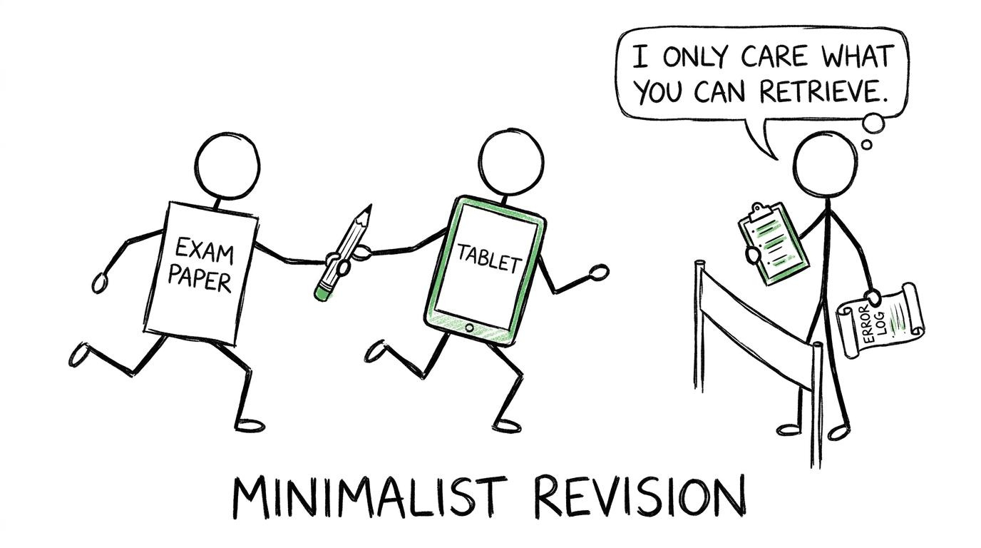 A tablet and exam paper passing a pencil baton towards a student with an error log