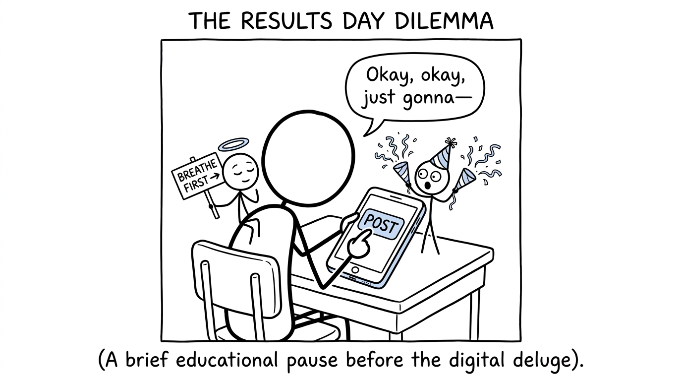 A student pauses thoughtfully before pressing the results-day post button
