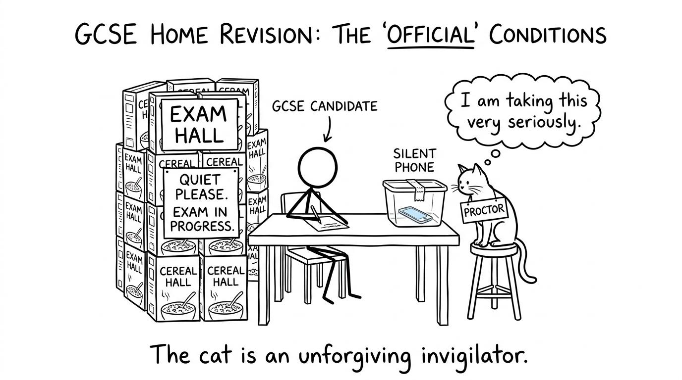 A cat invigilates a homemade exam hall built from cereal boxes