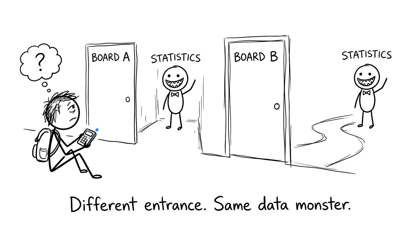 A student choosing between two doors leading to the same statistics monster