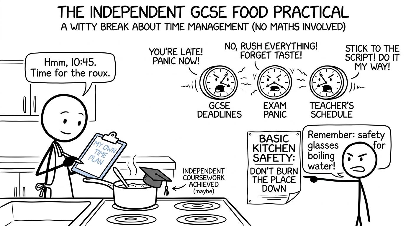 A student follows a time plan while the kitchen clocks argue