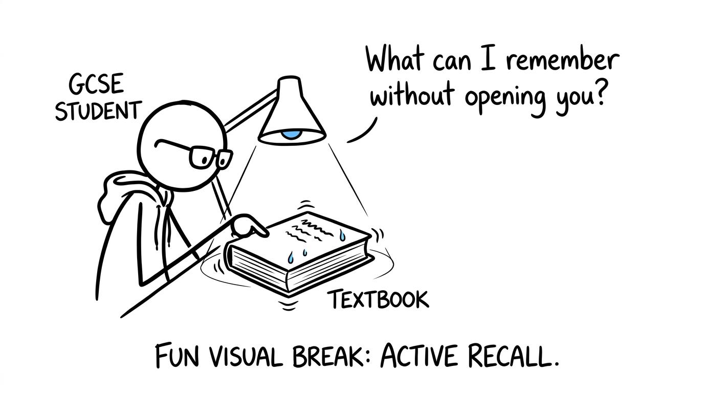 A student playfully interrogates a closed textbook to test what they can remember