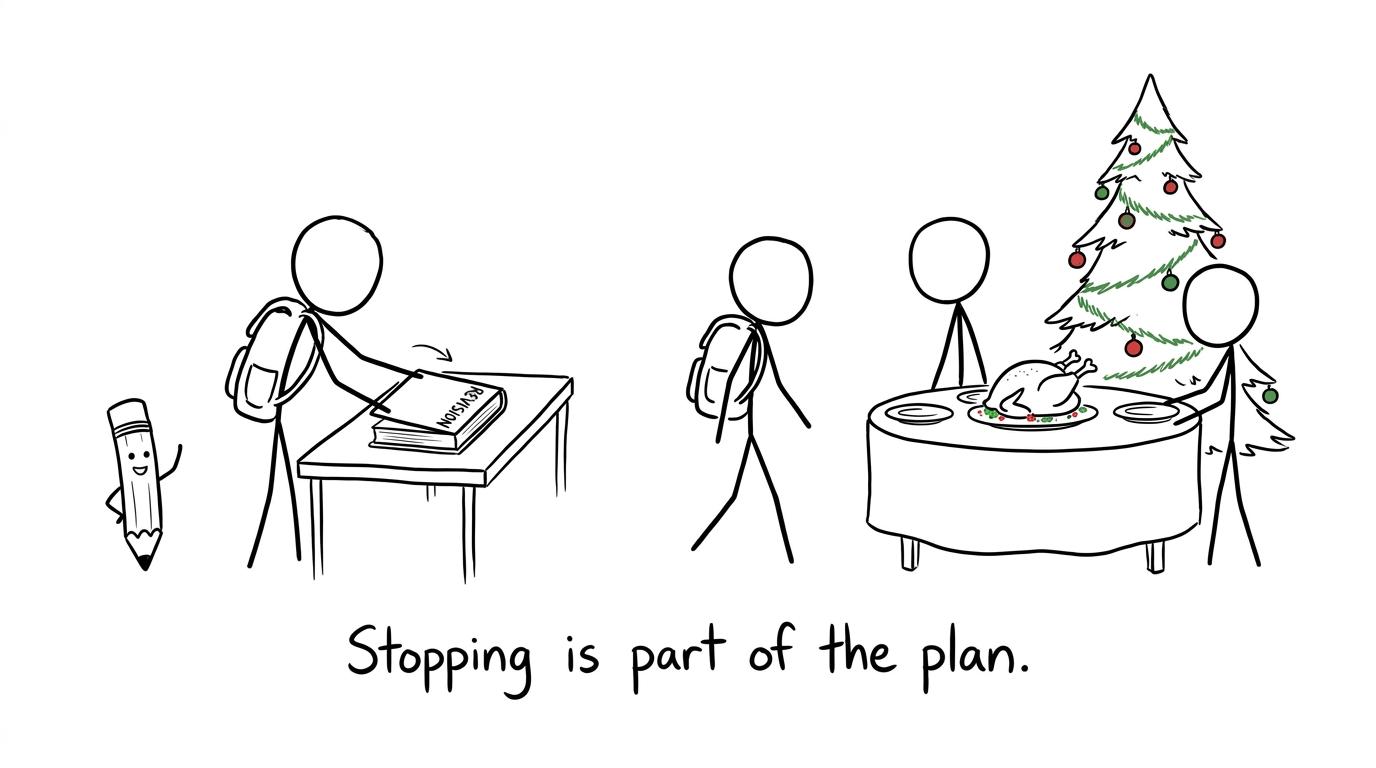 A student stops revision on time and walks towards Christmas celebrations