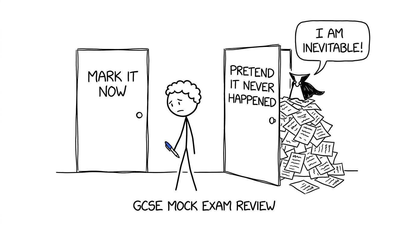 A student choosing between marking a mock now and hiding it behind a door