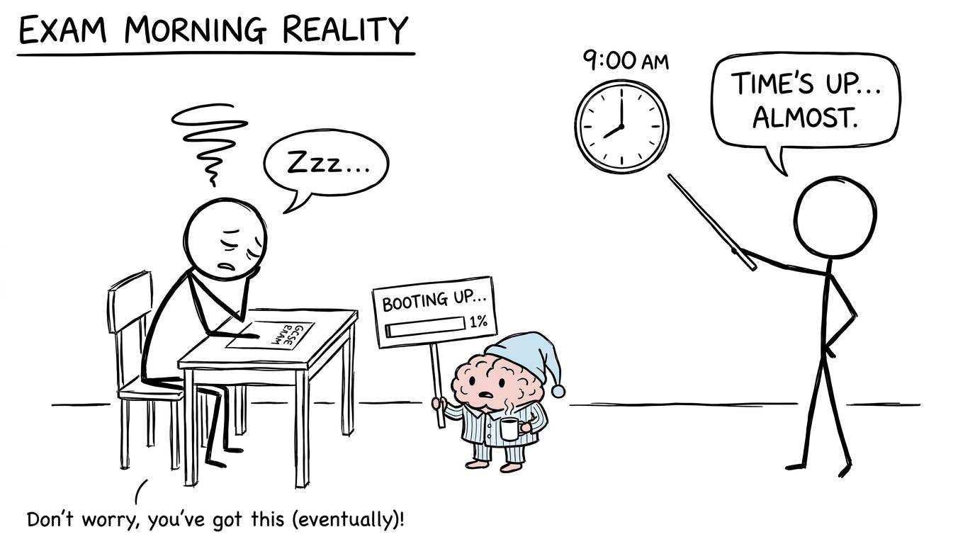 A sleepy GCSE student's brain booting up for a morning exam