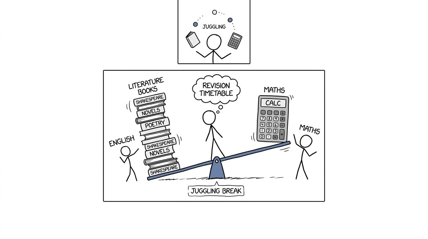 A student balancing literature books and a calculator on a revision timetable