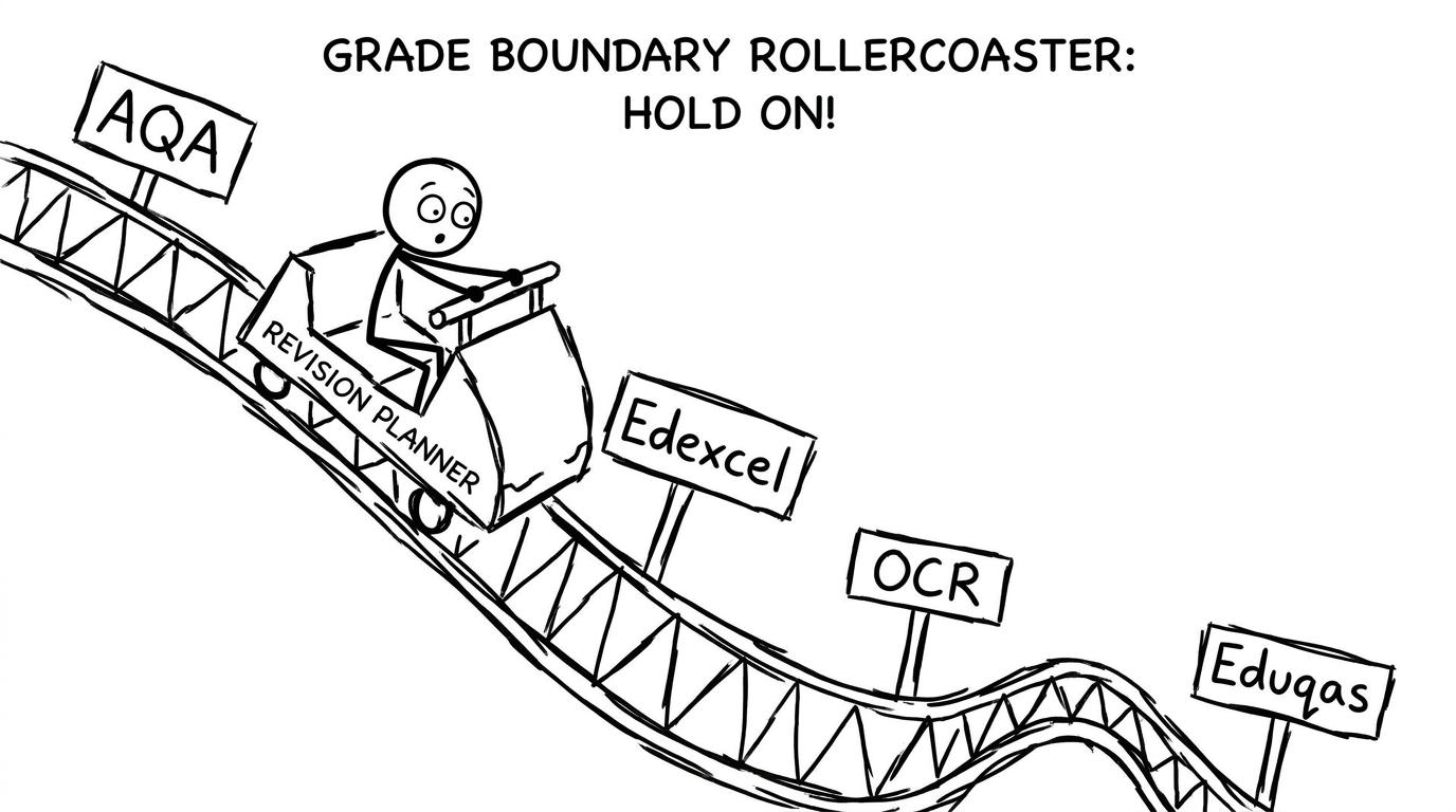 A “grade boundary” rollercoaster with exam board signs and a student holding a revision planner