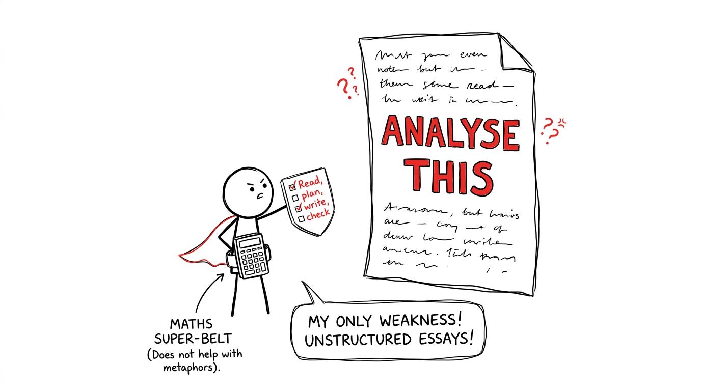 A maths-minded student faces an English paper with a simple process checklist