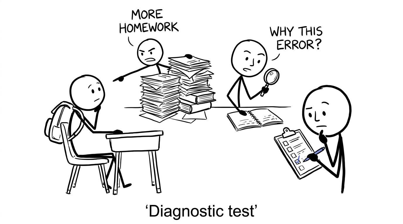 A student interviews one tutor offering more homework and another investigating the reason behind an error