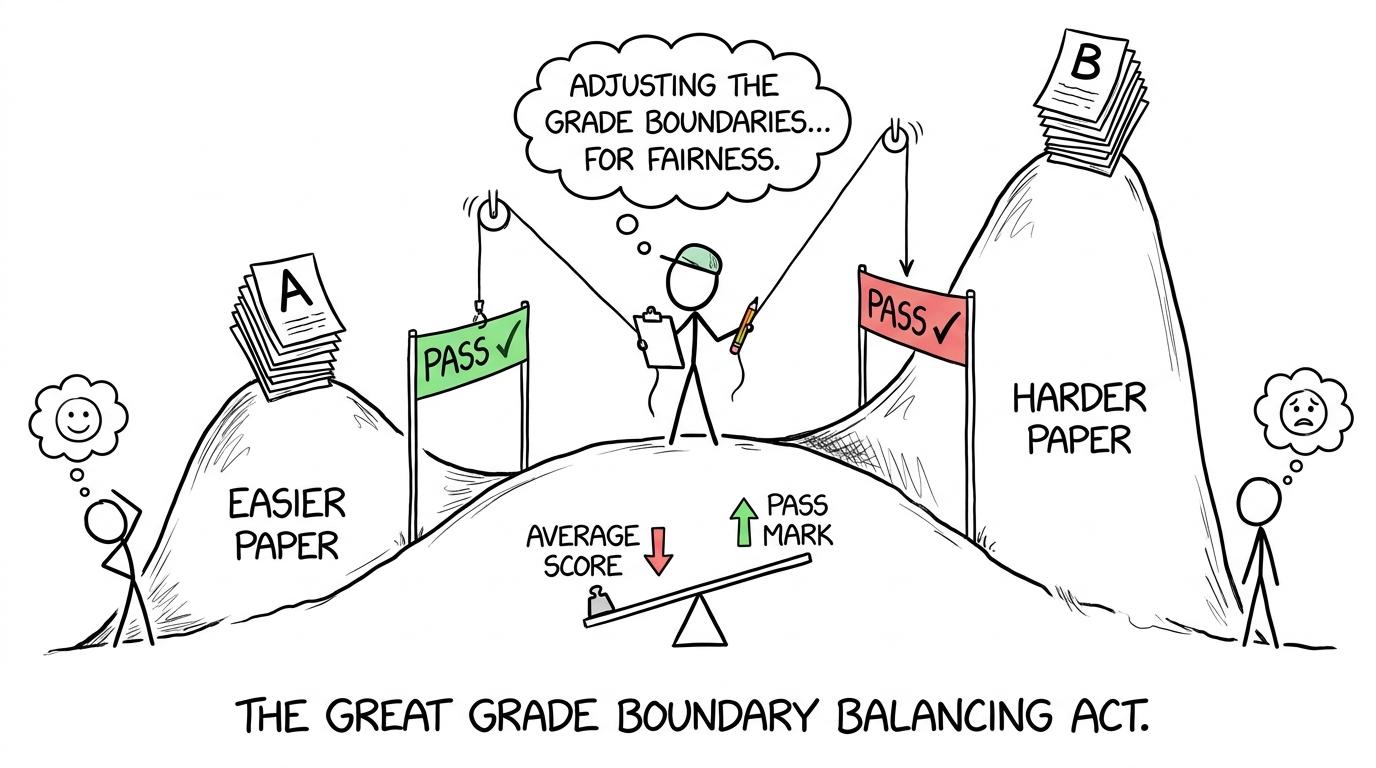 Two exam papers on different hills with adjusted finish lines