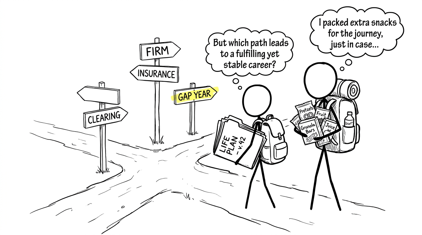 A student choosing between firm, insurance, Clearing and a gap year while a parent carries snacks