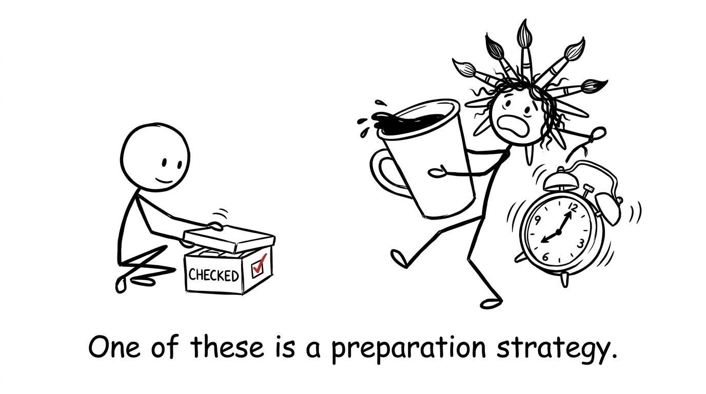 A prepared student and a chaotic student pack for an art assessment