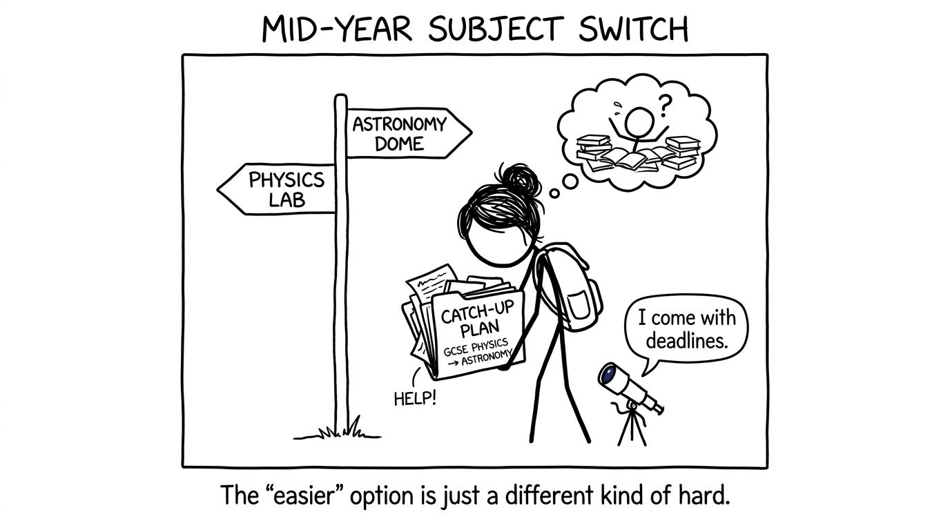 A student choosing between the physics lab and astronomy dome while carrying a catch-up plan