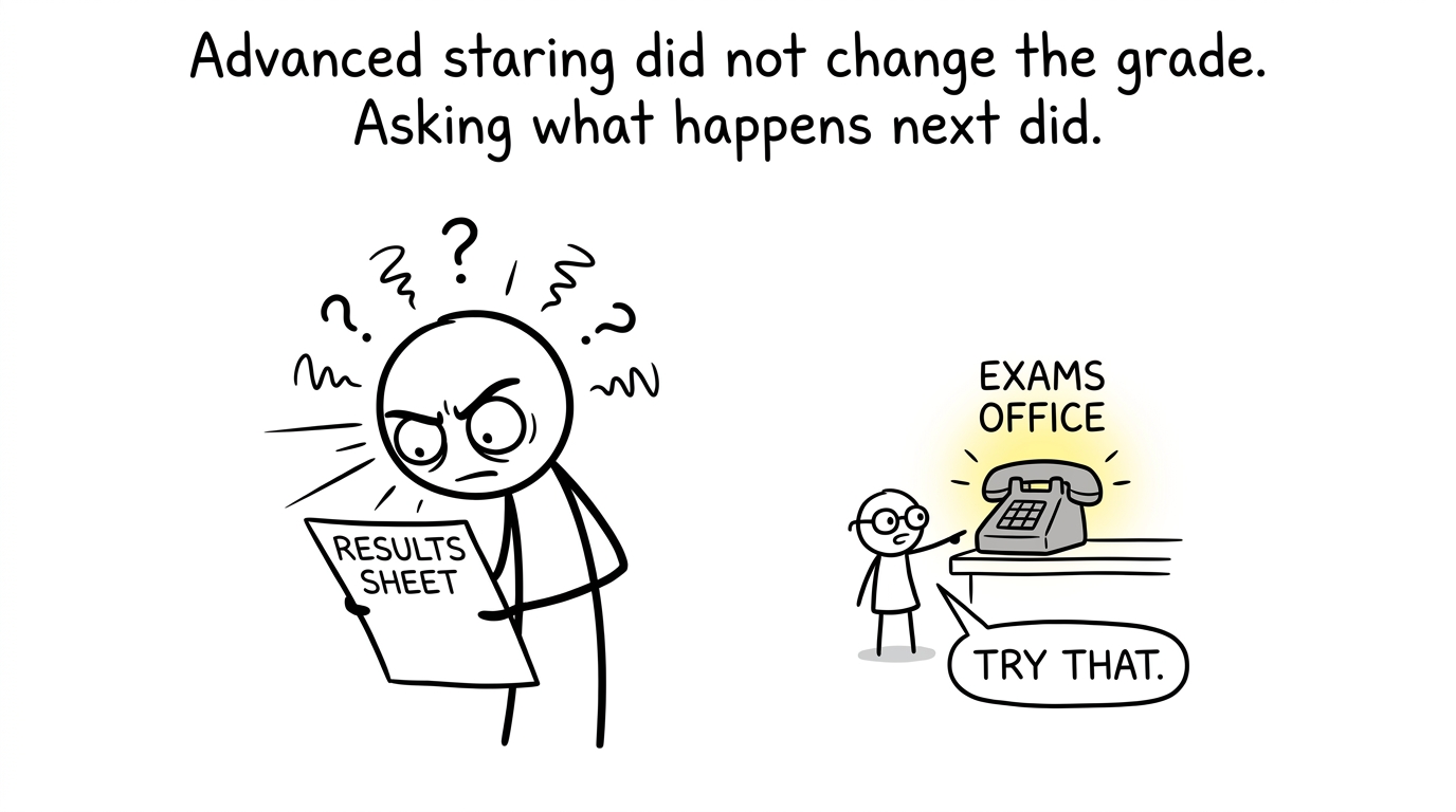 A student learns that contacting the exams office works better than staring at a grade