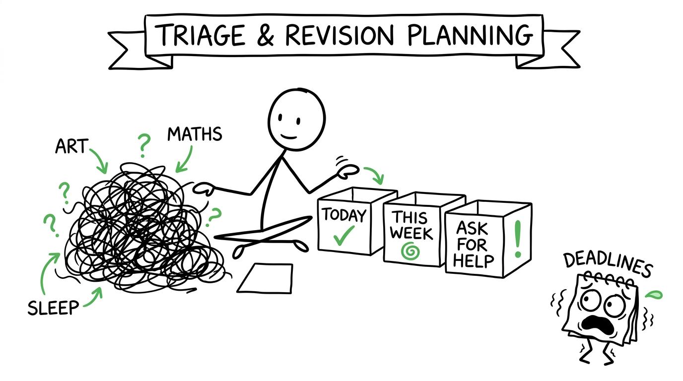 A student sorting art, maths and sleep into manageable boxes while a calendar monster shrinks