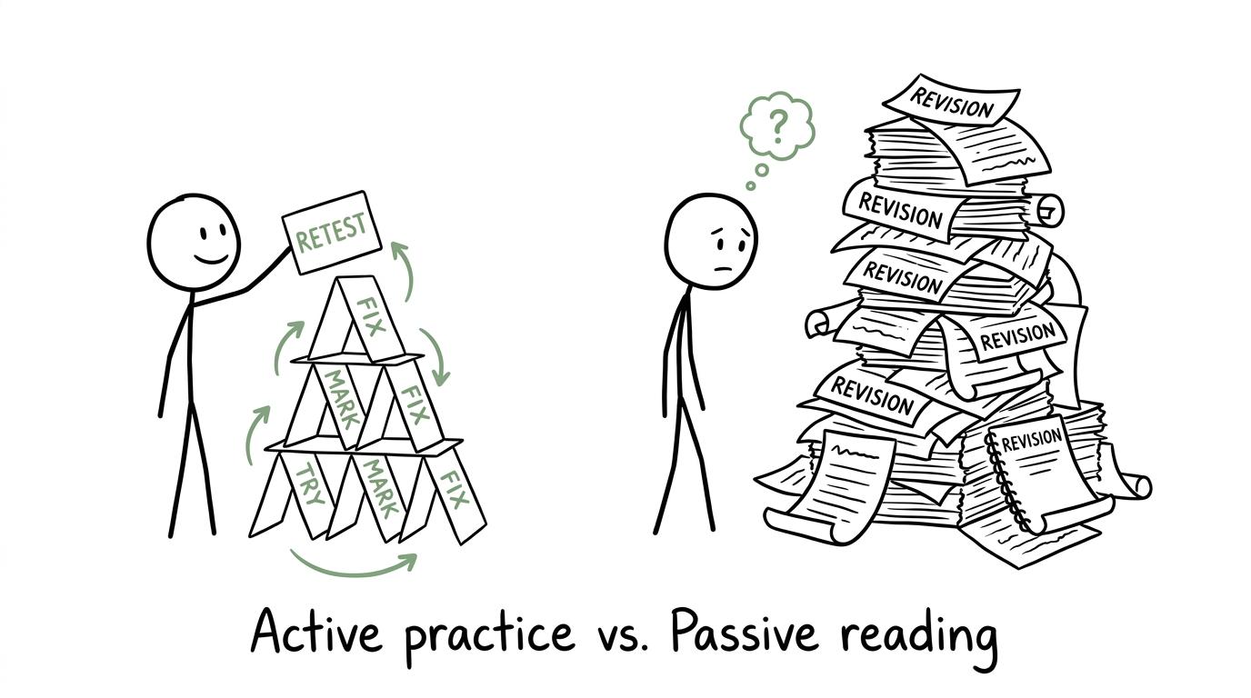 One student builds a staircase from corrections while another admires a mountain of unread notes