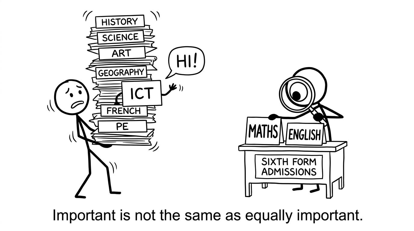 A sixth-form admissions desk examining Maths and English grades while ICT waves from the stack