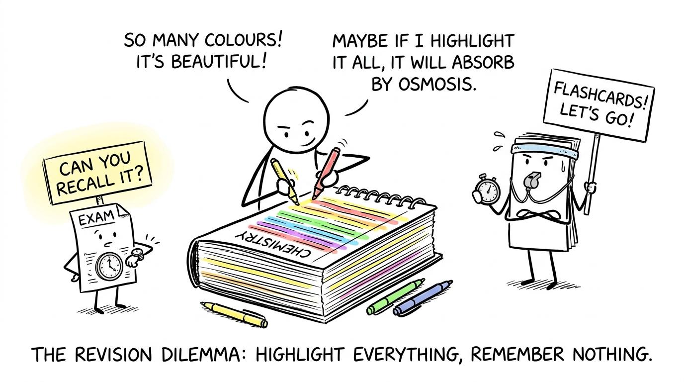 A colourful notebook being challenged by an exam paper asking whether the student can recall it