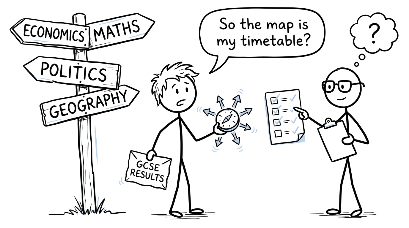 A student using a questionable compass at an oversized A-Level signpost