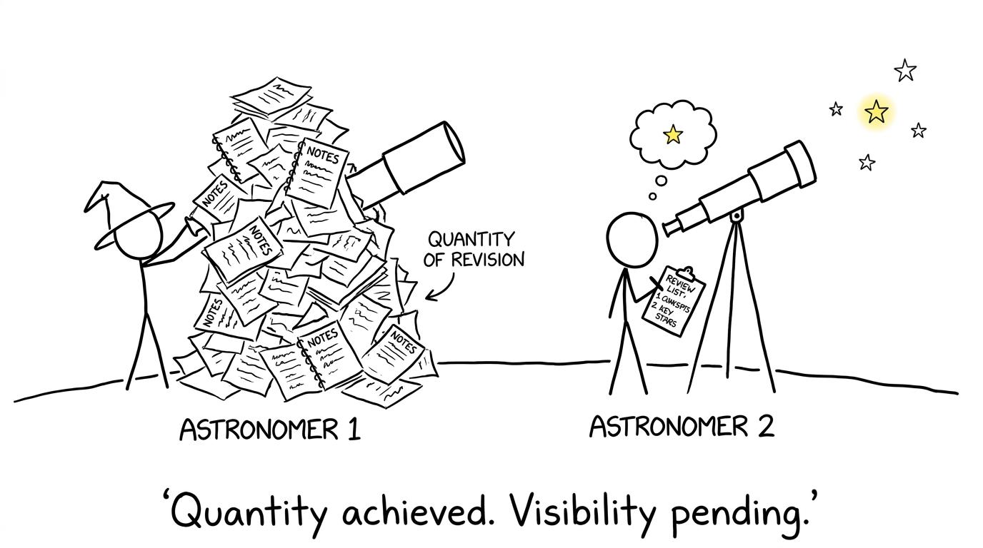 One student's copied notes block the telescope while another uses a checklist