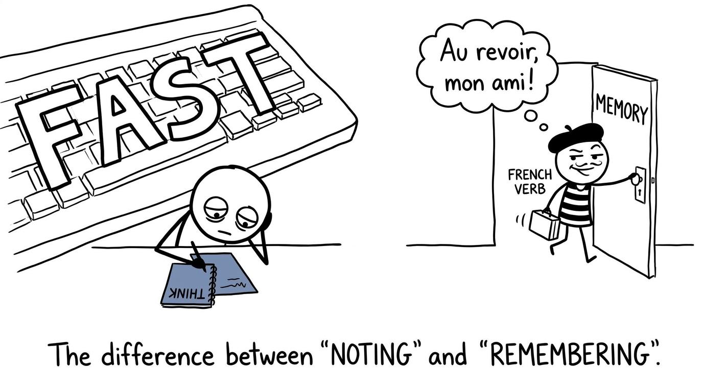 A GCSE student choosing between a fast keyboard and a notebook while a French verb escapes towards memory