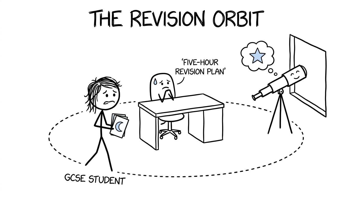 A restless student revising astronomy while orbiting a disappointed chair