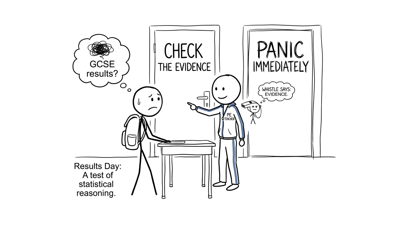 A student choosing between checking evidence and panicking on results day