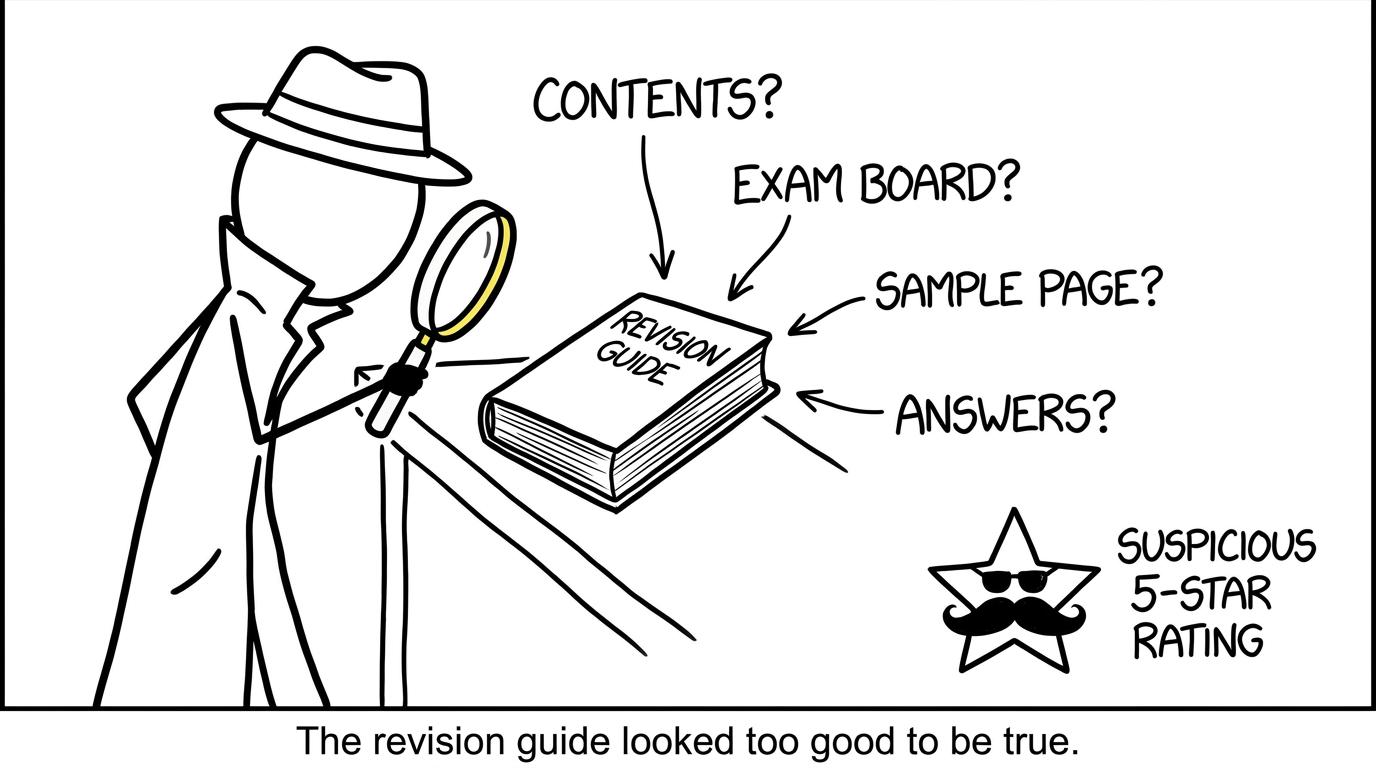 A revision-guide detective investigating contents and answers