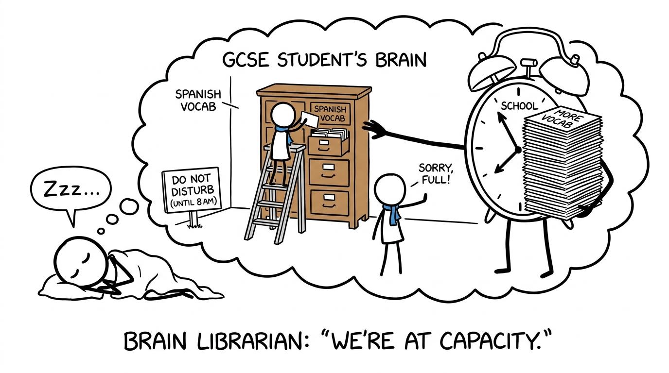 A brain librarian shelving Spanish vocabulary while a student sleeps