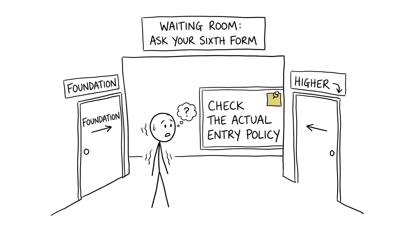 Foundation and Higher doors leading to a reminder to check the real entry policy
