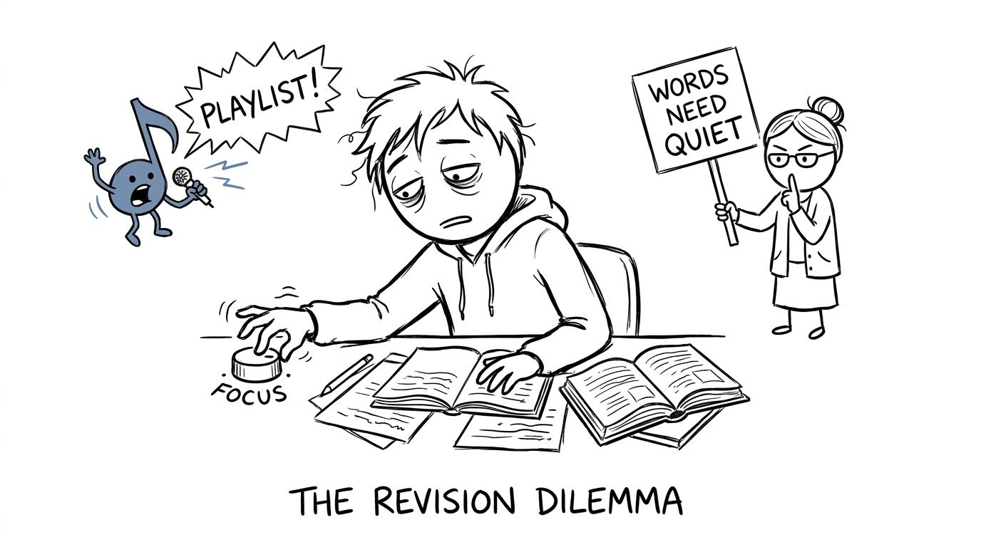 A student choosing between a loud playlist and quiet language revision