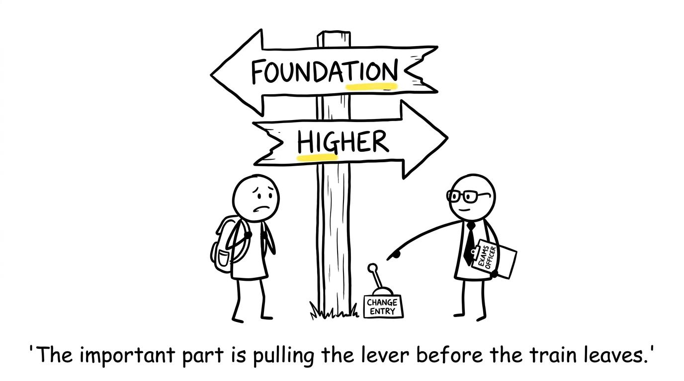 A student choosing between Foundation and Higher while an exams officer points towards the entry-change lever