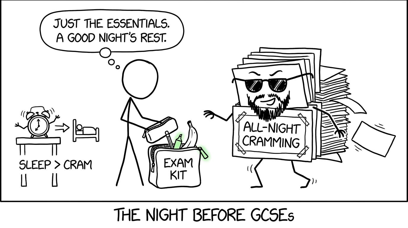 An all-night cramming stack tries to sneak into an exam bag