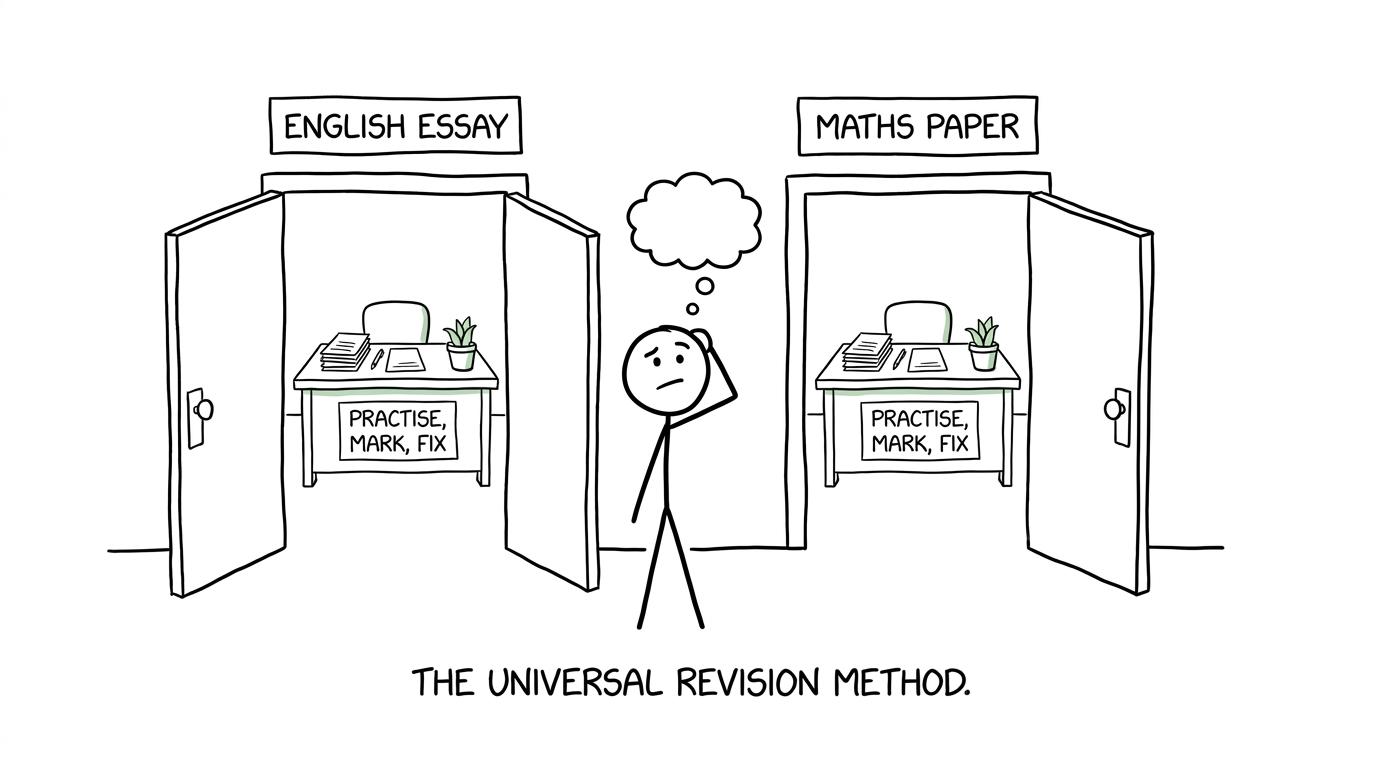 English and maths revision doors leading to the same practise, mark and fix desk