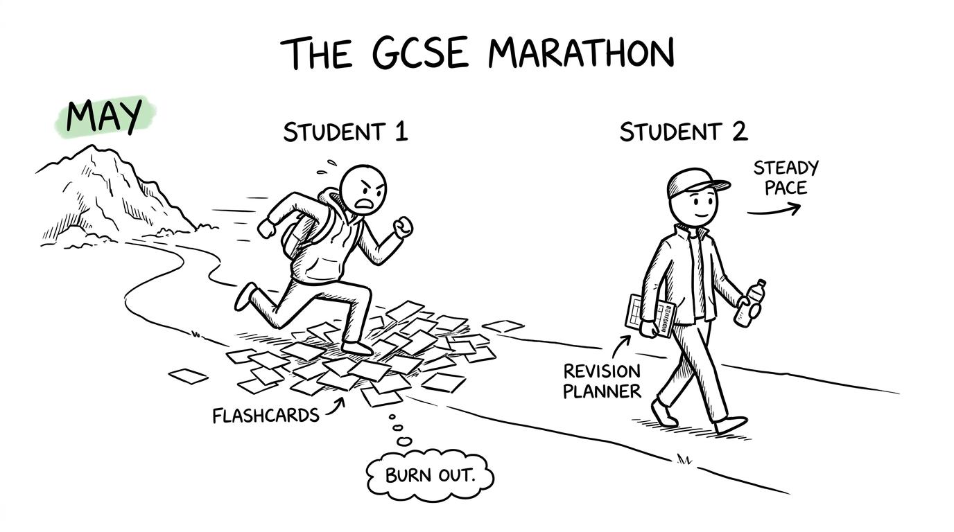 One student sprints towards May while another follows a steady revision plan