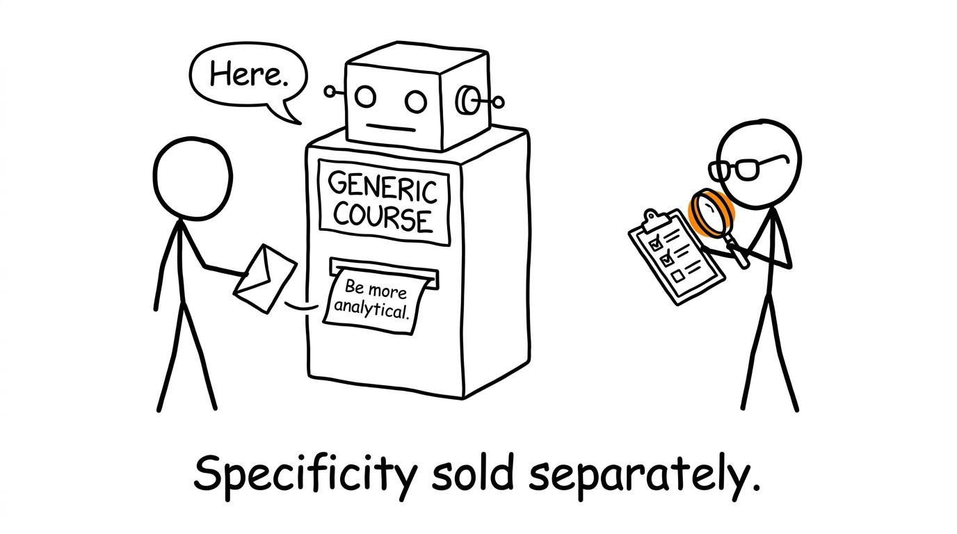 A robot gives generic essay feedback while a tutor offers a specific checklist