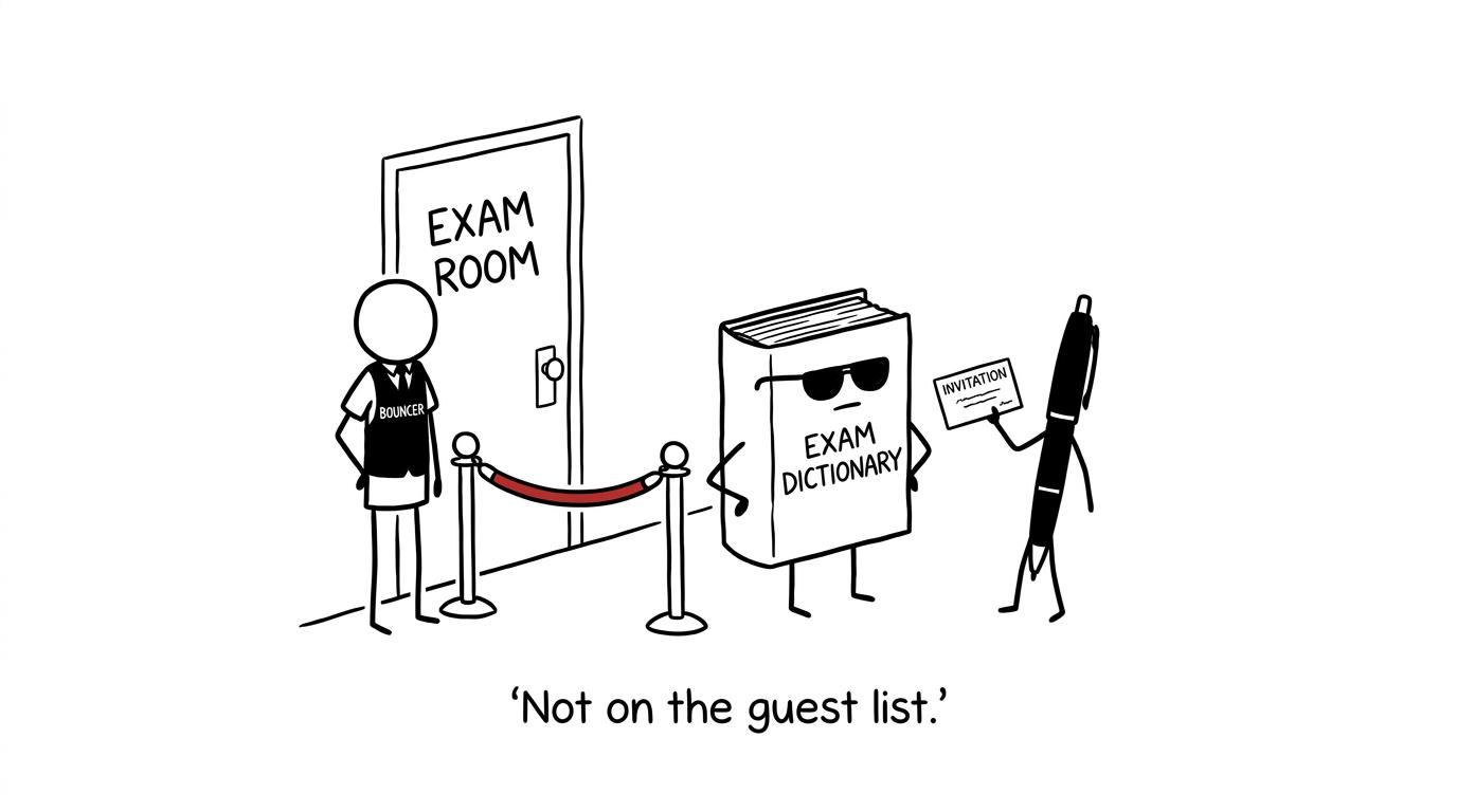A dictionary wearing sunglasses being refused entry while a black pen shows its invitation