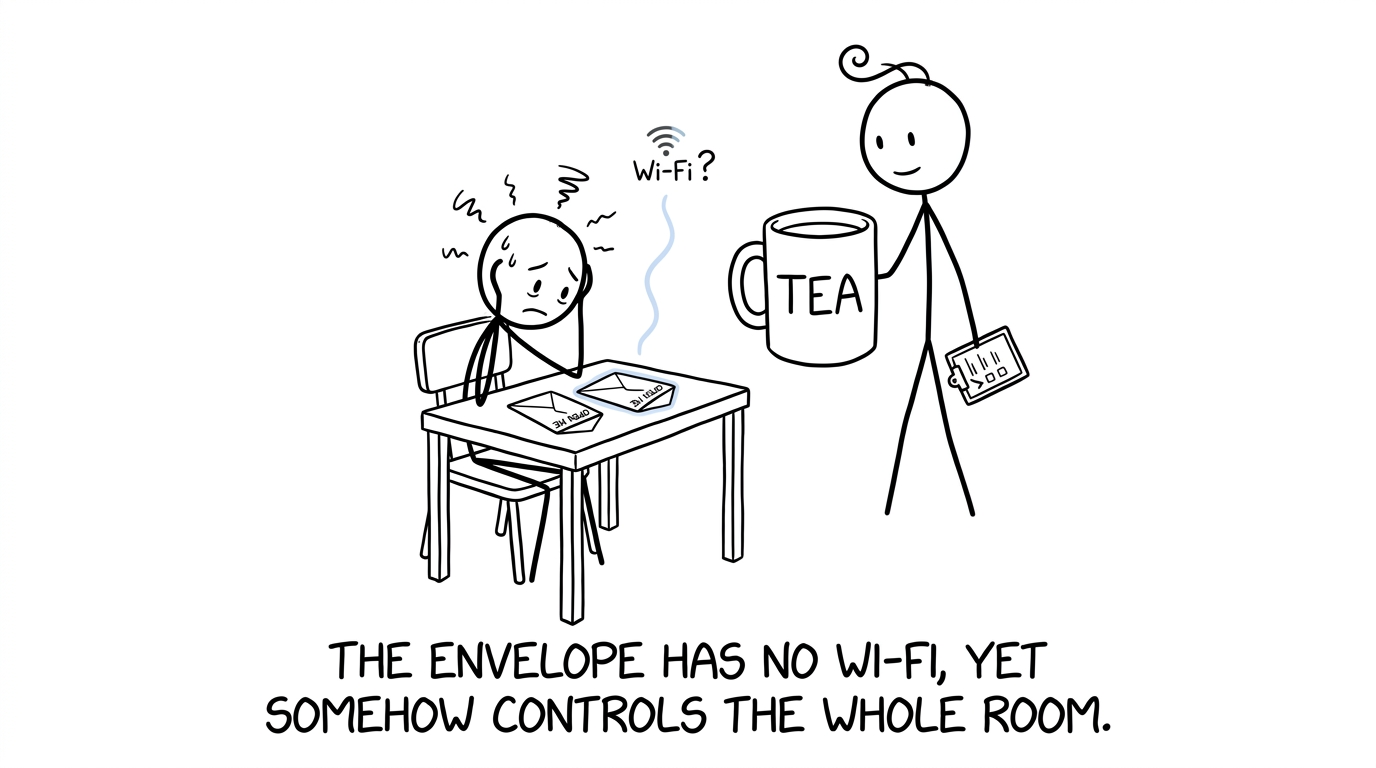 A student faces two results envelopes while a parent brings tea and a checklist