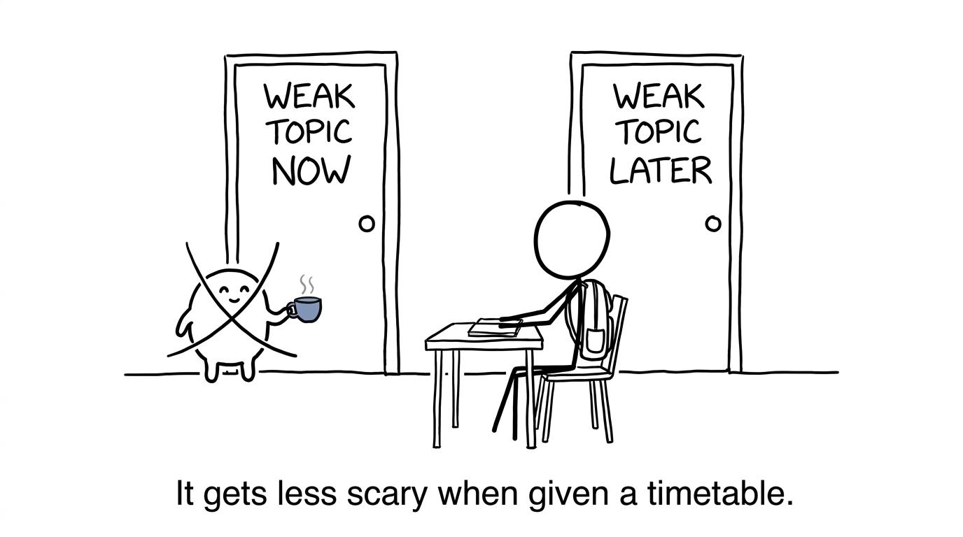 A student choosing when to confront a weak revision topic