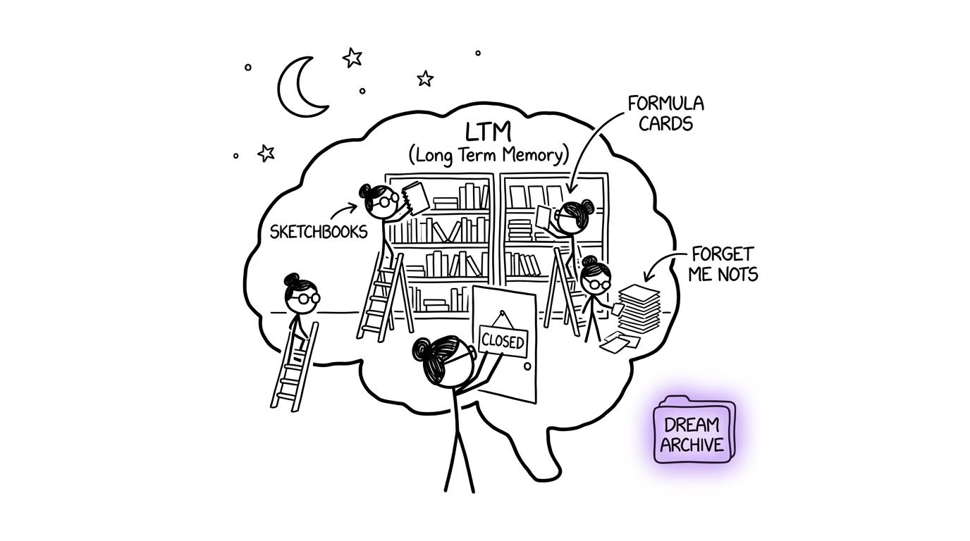 Tiny librarians inside a sleeping brain organise sketchbooks and revision cards