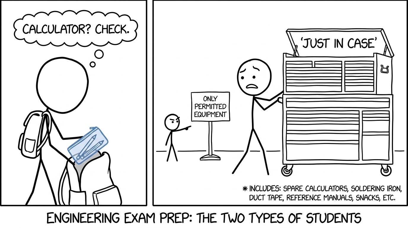 A student with a sensible clear pencil case watches a friend arrive with an enormous toolbox