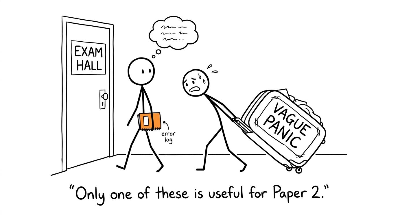One student carries an error log while another drags a suitcase of vague panic
