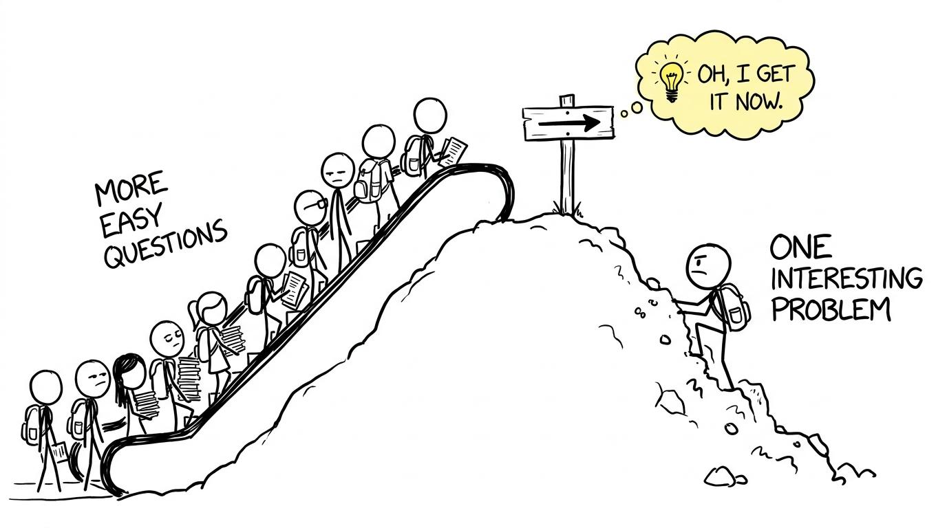 A student chooses one interesting problem over an escalator of easy questions