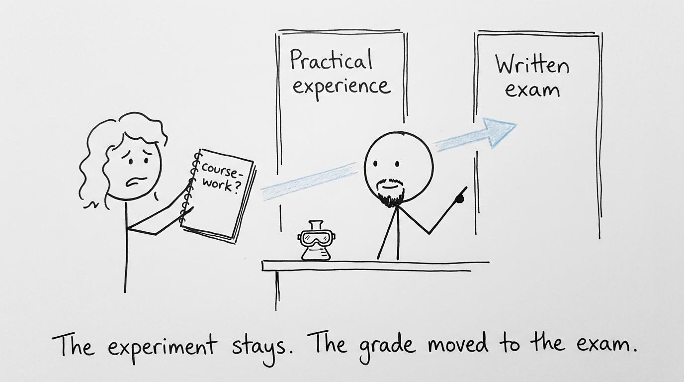 A student discovers that practical experience is assessed in the written exam