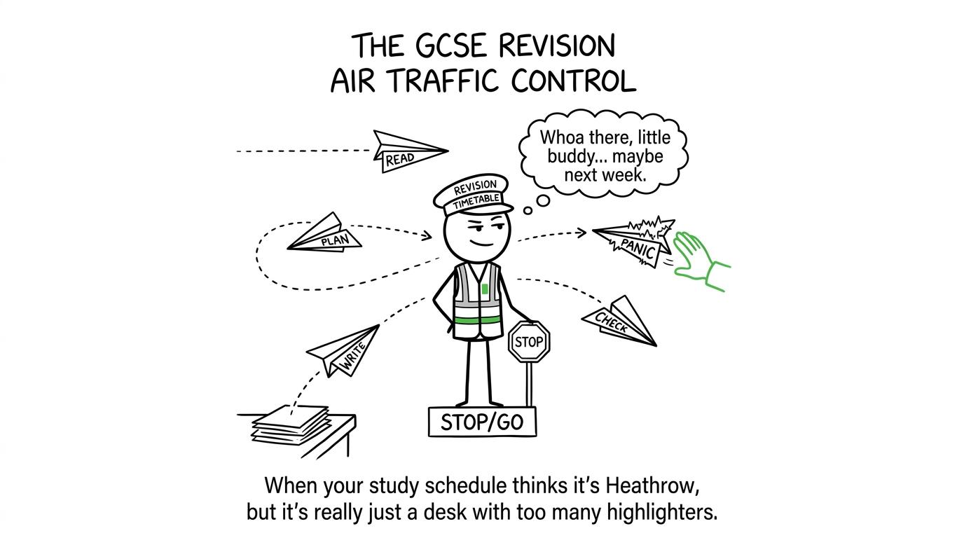 Paper planes labelled with revision actions being directed away from panic
