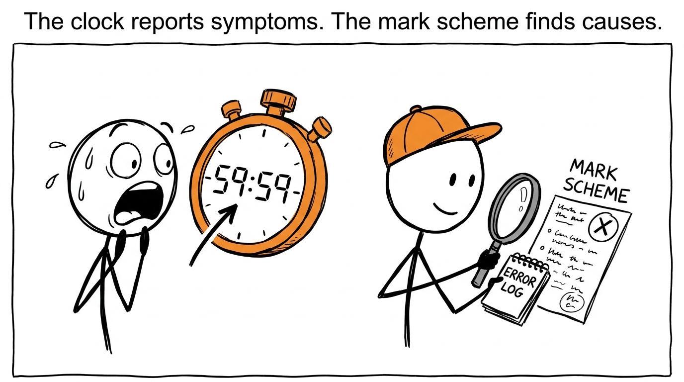 One student watches the clock while another investigates mistakes with a mark scheme